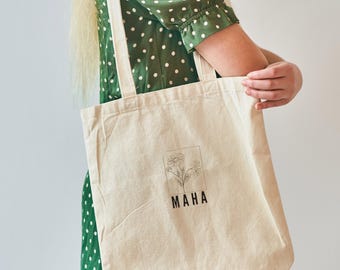 Embroidered Organic Cotton Tote Bag: MAHA Floral Design