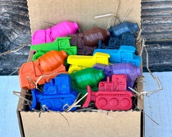 Construction Crayons Set: 12 Farm-Grown Vehicle Crayons in Gift Box