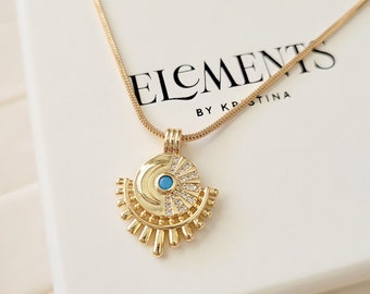 Gold Filled Sun and Moon Pendant Necklace: Minimalist Crescent Jewelry
