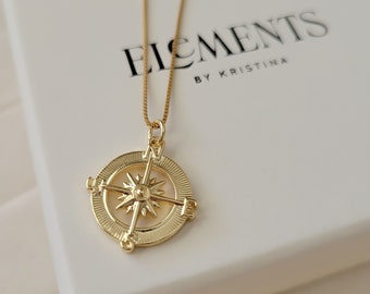 Gold Compass Necklace. Coordinate Necklace. Gold Filled North Star Necklace. Gold Compass Pendant Medallion Necklace. Travel Gift For Her