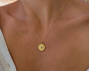 Gold Filled Evil Eye Charm Necklace. Dainty Gold Minimalist Evil Eye Coin Necklace. Evil Eye Medallion Protection Necklace | Gift for Her