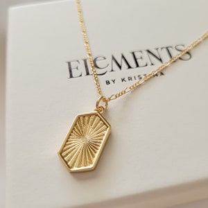 Gold Filled Sunburst Necklace. Dainty Sun Hexagon Medallion Jewelry. Gold Chain Pendant Necklace. Unique Minimalist Christmas Gift For Her