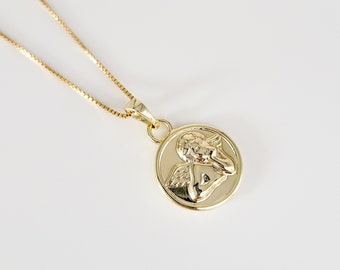 Guardian Angel Necklace. Gold Cherub Medallion Necklace. Gold Coin Charm. Baby Angel Pendant Necklace. Mothers Day Gift for Her