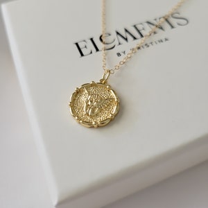 Gold Filled Guardian Angel Necklace. Gold Cherub Medallion Necklace. Gold Coin Baby Angel Charm. Unique Mothers Day Gift for Her