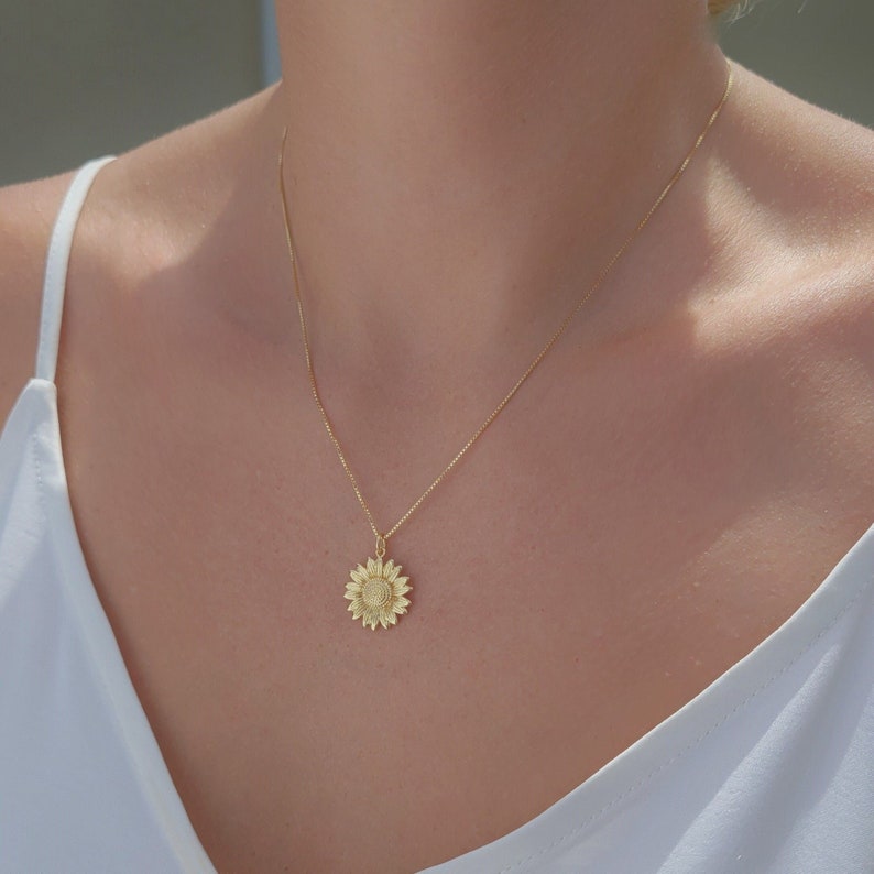 Sunflower Necklace. Gold Filled Daisy Necklace. Minimalist Sun Jewelry. Gold Flower Necklace. Unique Christmas Gift for Her. Gift for Mom image 2