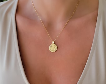 Gold Filled Coin Necklace. Gold Medallion Pendant Statement Necklace. Gold Coin Unique Gift for Mom. Cute Christmas Gift For Her