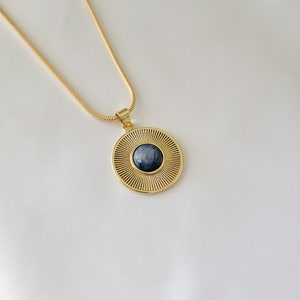 Gold Filled Blue Tigers Eye Pendant Necklace. Natural Crystal Jewelry. Coin Medallion Gold Chain Necklace. Minimalist Birthday Gift For Her