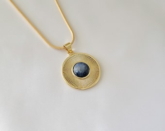 Gold Filled Blue Tigers Eye Pendant Necklace. Natural Crystal Jewelry. Coin Medallion Gold Chain Necklace. Minimalist Birthday Gift For Her