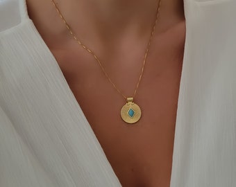 Gold Filled Turquoise Necklace. Boho Coin Medallion Pendant. Minimalist Jewelry. Unique Anniversary Birthday Christmas Gift For Her