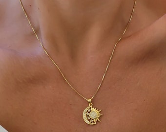 Gold Filled Sun Moon Star Necklace: Crystal Sunburst Pendant