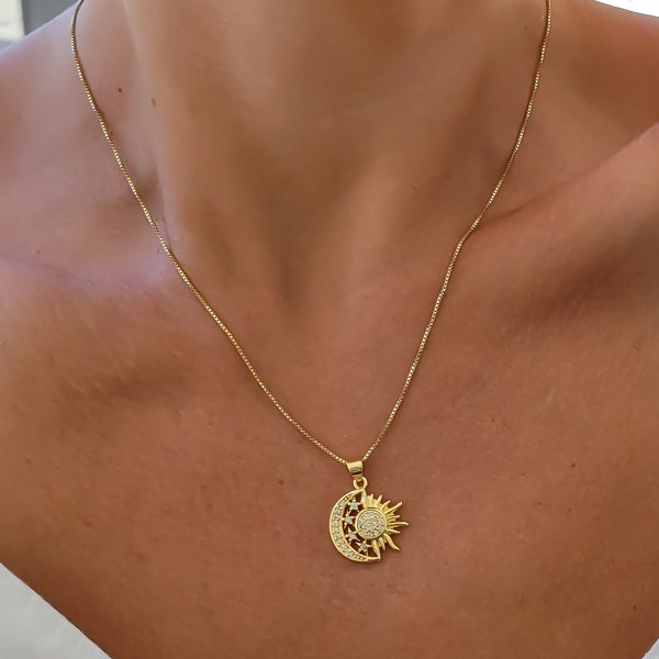 Sun Moon and Star Necklace. Gold Filled Sun Jewelry. Gold Moon Pendant. North Star Necklace. Crystal Sunburst. Christmas Gift for Her