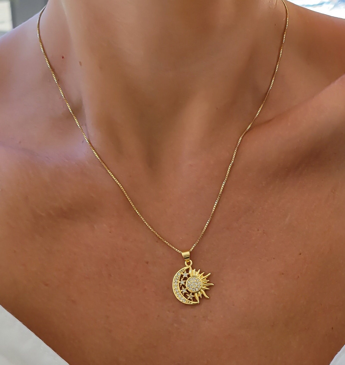 Sun Moon and Star Necklace. Gold Filled Sun Jewelry. Gold