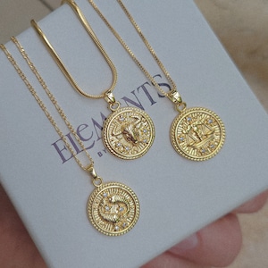 Zodiac Necklace. Gold Filled Necklace. Gold Coin Astrology Jewelry. Horoscope Gifts. Birthday Gift. Gold Medallion Zodiac Necklace