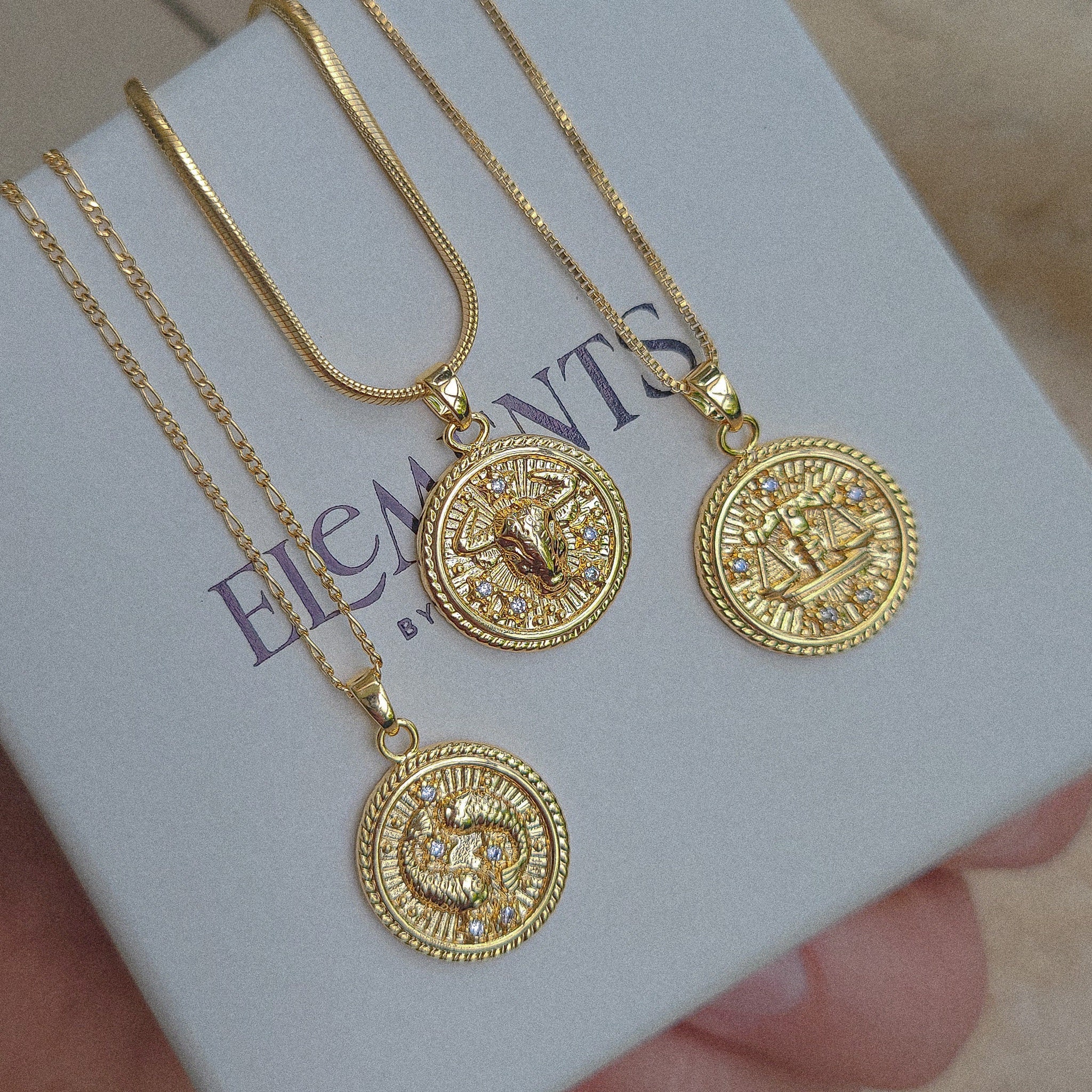 Zodiac Necklace. Gold Filled Necklace. Gold Coin Astrology Jewelry. Horoscope Gifts. Birthday Gift. Gold Medallion Zodiac Necklace
