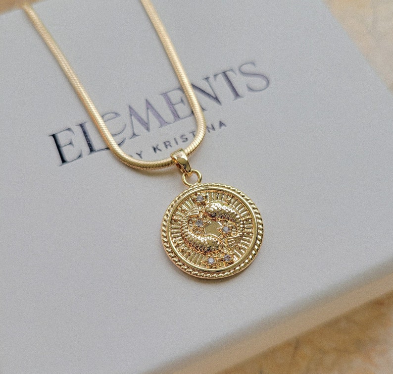 Puede incluir: Collar de cadena dorada con un colgante redondo que presenta un s&iacute;mbolo zodiacal de dos peces con peque&ntilde;as piedras transparentes. El colgante est&aacute; sobre una caja blanca con el texto "ELEMENTS BY KRISTINA".