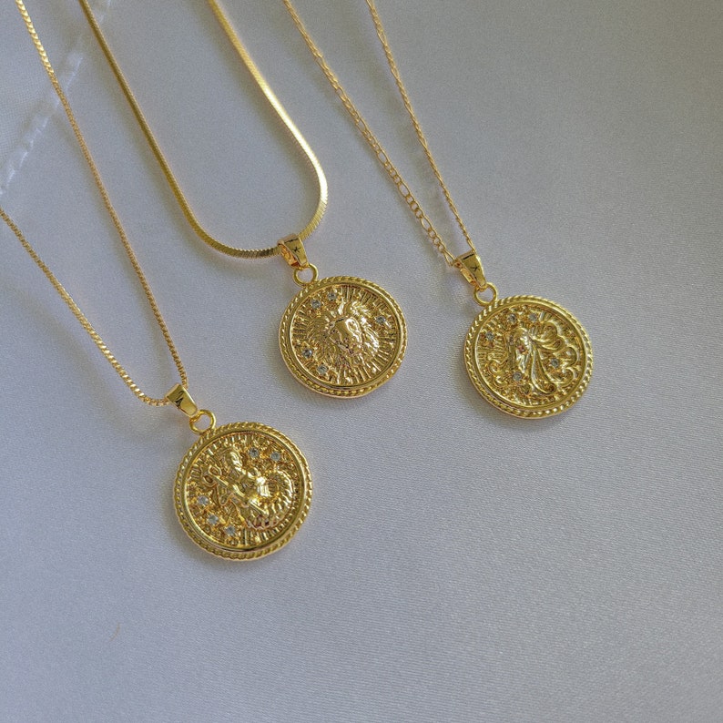 Leo Zodiac Necklace. Gold Filled Leo Necklace. Gold Coin Astrology Jewelry. Horoscope Gifts. July Birthday Gift. August Birth Month Gift image 2