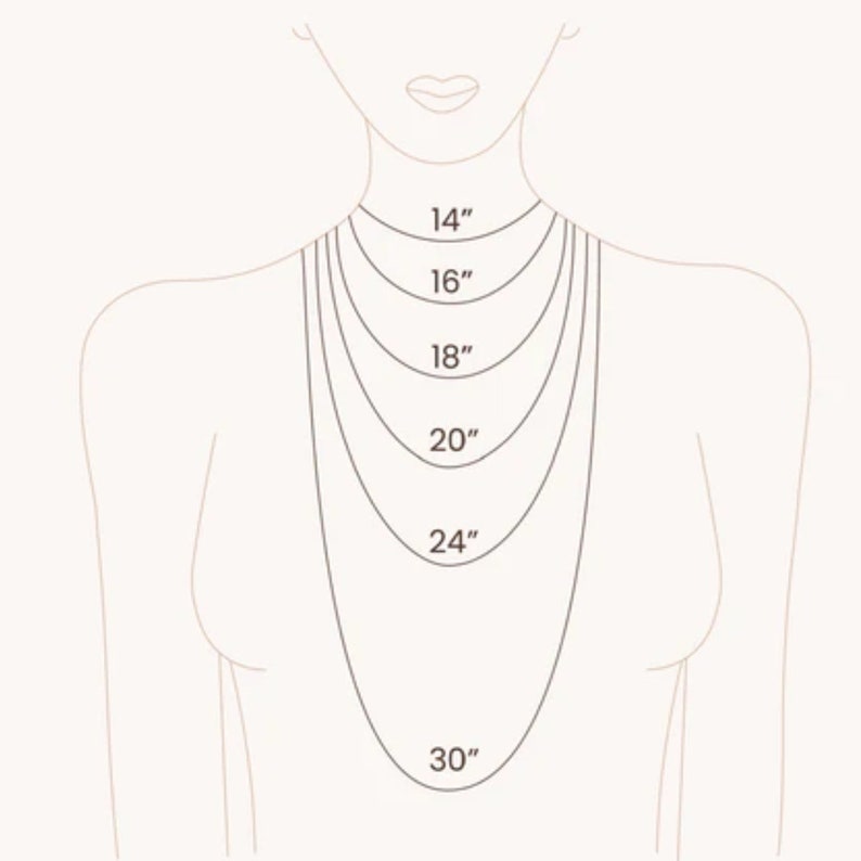Puede incluir: Diagrama que muestra diferentes longitudes de collar en el cuello de una persona. Las longitudes son 14 pulgadas, 16 pulgadas, 18 pulgadas, 20 pulgadas, 24 pulgadas y 30 pulgadas.