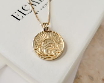 Gold Filled Sun Medallion Necklace. Water Element Ocean Necklace. Minimalist Coin Pendant. Nature Theme Jewelry. Mothers Day Gift For Her