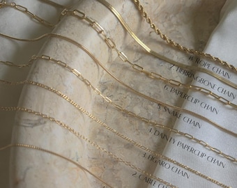Collar de cadena chapada en oro: cadena de caja, cadena de cable, cadena Figaro, cadena de clip, cadena de serpiente, cadena de espiga, cadena de cuerda