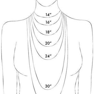 May include: A line drawing of a person's neck and shoulders with different necklace lengths marked in inches. The lengths are 14", 16", 18", 20", 24", 30", and 33".