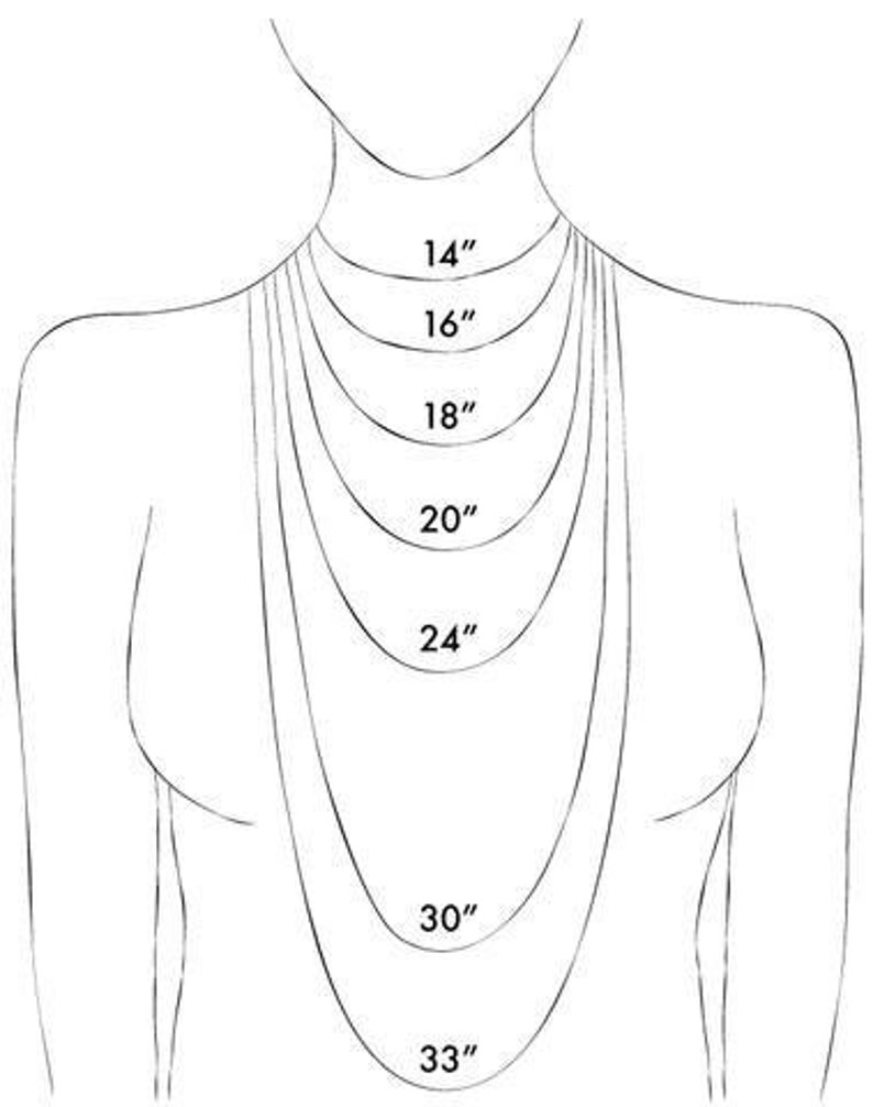 May include: A line drawing of a person's neck and shoulders with different necklace lengths marked in inches. The lengths are 14", 16", 18", 20", 24", 30", and 33".