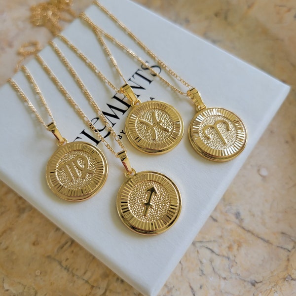 Gold Filled Zodiac Medallion Necklace: Astrology Jewelry Gift for Mom