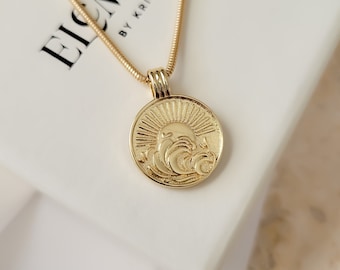 Gold Filled Sunburst Necklace: Celestial Coin Pendant