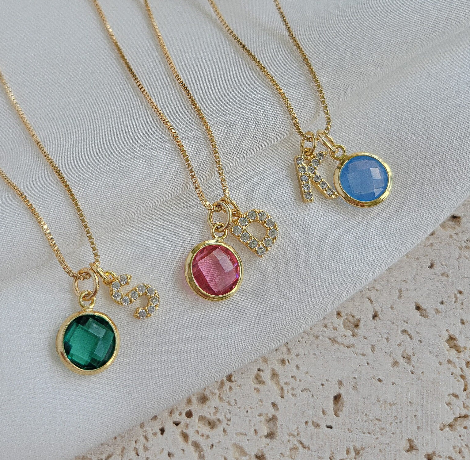 Gold Filled Initial Birthstone Necklace: Personalized Letter Charm