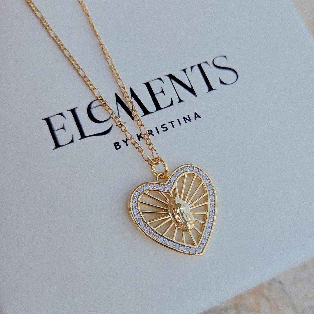 Virgin Mary Heart Necklace Gold Filled, Sacred Heart Pendant, Catholic ...