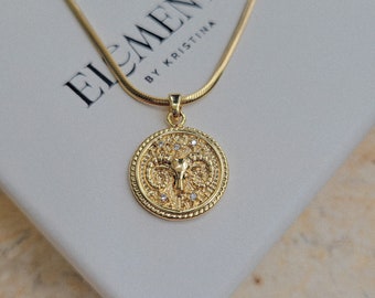 Aries Zodiac Necklace. Gold Filled Aries Necklace. Gold Coin Astrology Jewelry. Horoscope Gifts. March Birthday Gift. April Birth Month Gift
