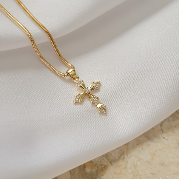 Gold Cross Necklace. Minimalist Protection Necklace. Dainty Gold Cross Pendant. Christian Jewelry. Religious Jewelry for Women. Gift For Her