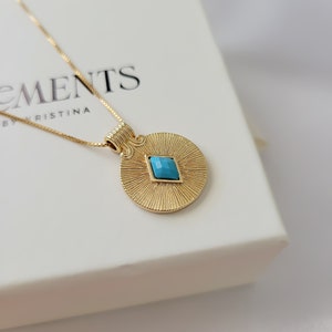 Turquoise Medallion Necklace. Gold Filled Boho Turquoise Coin Pendant. Minimalist Gold Jewelry. Unique Christmas or Birthday Gift For Her