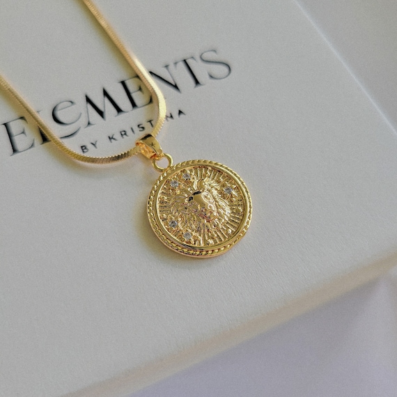 Leo Zodiac Necklace. Gold Filled Leo Necklace. Gold Coin Astrology Jewelry. Horoscope Gifts. July Birthday Gift. August Birth Month Gift