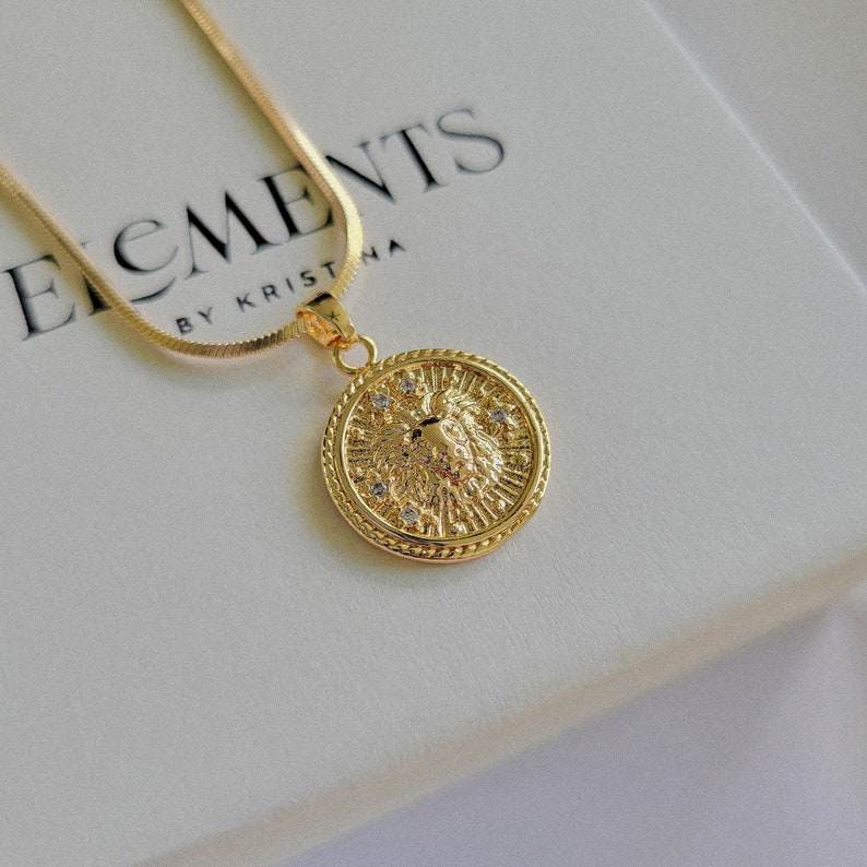 Leo Zodiac Necklace. Gold Filled Leo Necklace. Gold Coin Astrology Jewelry. Horoscope Gifts. July Birthday Gift. August Birth Month Gift image 1