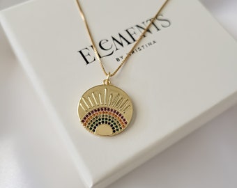 Gold Filled Rainbow Medallion Necklace. Pride Necklace. Rainbow Eye Pendant. Minimalist Evil Eye Coin Charm Necklace. Gift for her