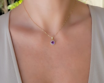 Amethyst Crystal Necklace. Gold Filled Purple Amethyst Round Pendant Necklace. Healing Crystal Amethyst Jewelry. February Birthday Gift