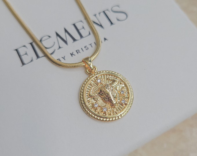 Taurus Zodiac Necklace. Gold Filled Taurus Necklace. Gold Coin Astrology Jewelry. Horoscope Gifts. May Birthday Gift. April Birth Month Gift