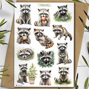 Stickers raton laveur. Stickers aquarelle animaux de la forêt. Autocollants mignons de raton laveur. Sticker ratons laveurs. Bullet Journal, scrapbooking.