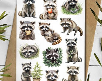 Raccoon Stickers. Cute raccoon sticker sheet. Forest Animal Scrapbooking Stickers