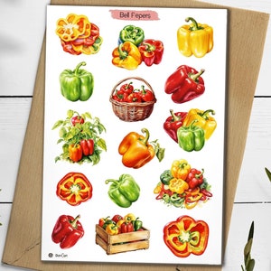 May include: A sheet of colorful bell pepper stickers with illustrations of red, yellow, and green bell peppers. The stickers feature various arrangements of bell peppers, including a basket of red bell peppers, a bunch of bell peppers with stems, and a single bell pepper cut in half. The text "Bell Peppers" is printed at the top of the sheet.