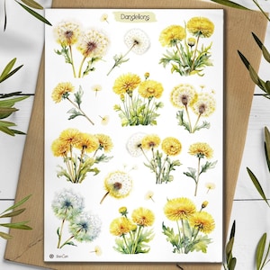 Paardebloemen stickers. Stickerpakket wilde bloemen. Lentestickers. Bullet Journal, stickervel paardebloembloem. Paassticker.