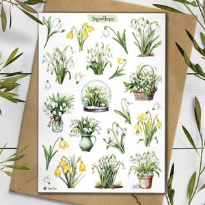 Sneeuwklokjesstickers. Stickerpakket wilde bloemen. Lentestickers. Bullet Journal, stickervel witte bloem. Aquarel paassticker.