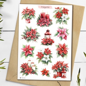 Weihnachtsstern Sticker. Weihnachtsstern-Aufkleber. Winterferien Aufkleber.  Weihnachtsblumen-Aufkleber. Winter Sticker Bogen. Scrapbooking