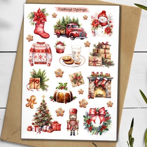 May include: A sticker sheet titled Traditional Christmas featuring watercolor illustrations of a red truck, snowman, gingerbread man, nutcracker, Christmas tree, fireplace, presents, sweater, poinsettia, and holiday treats on a white background.