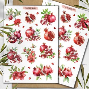 Adesivi melograno. Foglio di adesivi melograno. Agenda estiva. Foglio di adesivi di frutta acquerellata. Bullet Journal. Adesivo per agenda estiva
