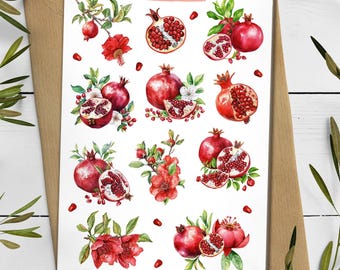 Pomegranate Sticker Sheet. Summer Fruit Stickers. Planner, Scrapbooking Stickers