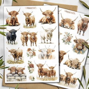 Highland Kühe Aufkleber. Schottischer Hochlandrind Sticker. Bauernhof Tiere Sticker. Bullet Journal. Schottland Planer Sticker. Scrapbooking