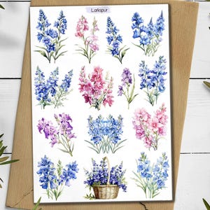 Rittersporn Geburt Sticker. Rittersporn Blumen Sticker. Wildblumen Sticker Pack. Delphinium Aufkleber. Blaue Blumen Sticker. Bullet Journal