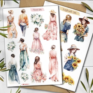 Blumen Mädchen Aufkleber. Mädchen mit Blumen Sticker. Frühlings-Aufkleber. Bullet Journal, Mädchen Blossom Stickers. Planner Sticker