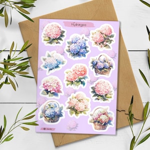 Stickervel hortensia. Hortensiastickers. Bloemenstickers hortensia. Stickers zomerbloesem. Bulletjournaal. Roze plannersticker